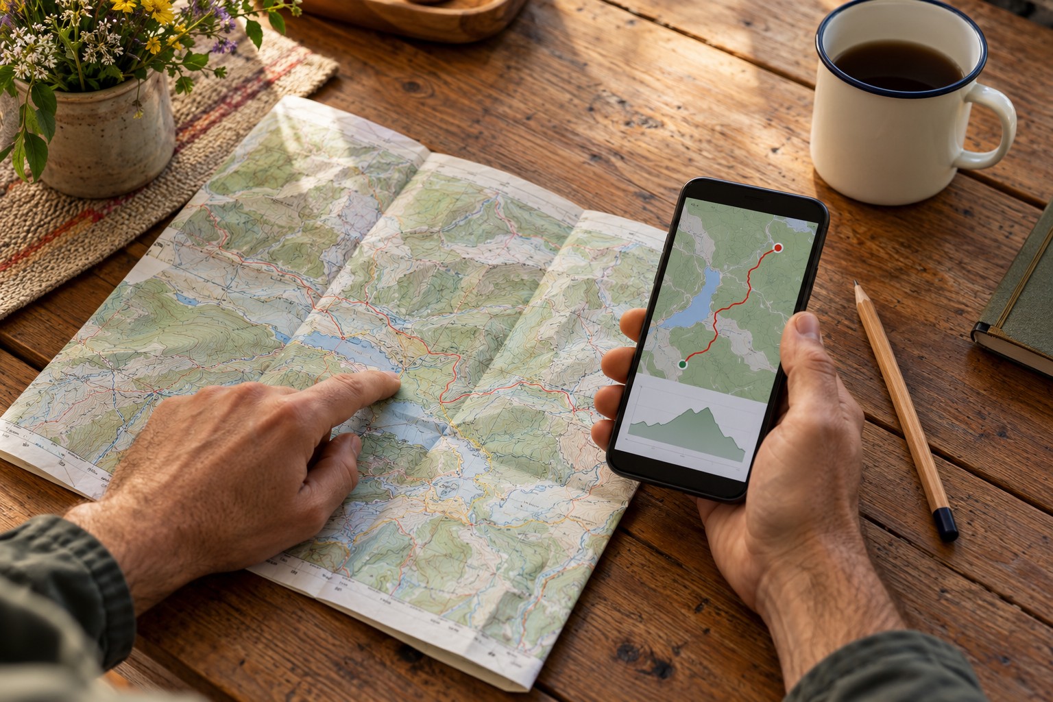 Hände vergleichen eine aufgefaltete Wanderkarte mit einer Routendarstellung auf dem Smartphone auf einem Holztisch