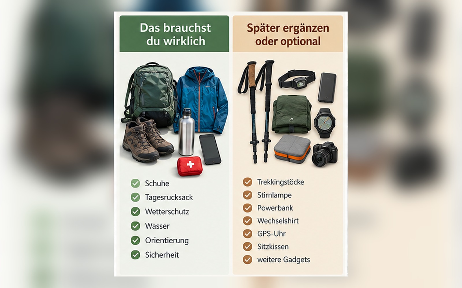 Vergleich zwischen notwendiger Wanderausrüstung für Anfänger und Ausrüstung, die später ergänzt werden kann