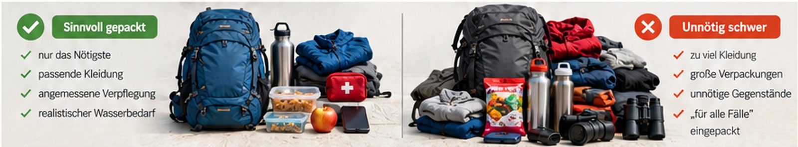 Vergleich zwischen sinnvoll gepacktem Tagesrucksack und unnötig schwerem Wanderrucksack mit zu viel Kleidung und Ausrüstung