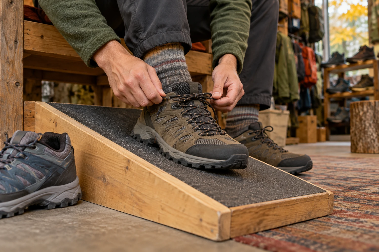 Person schnürt einen Wanderschuh mit Wandersocken auf einer Testschräge