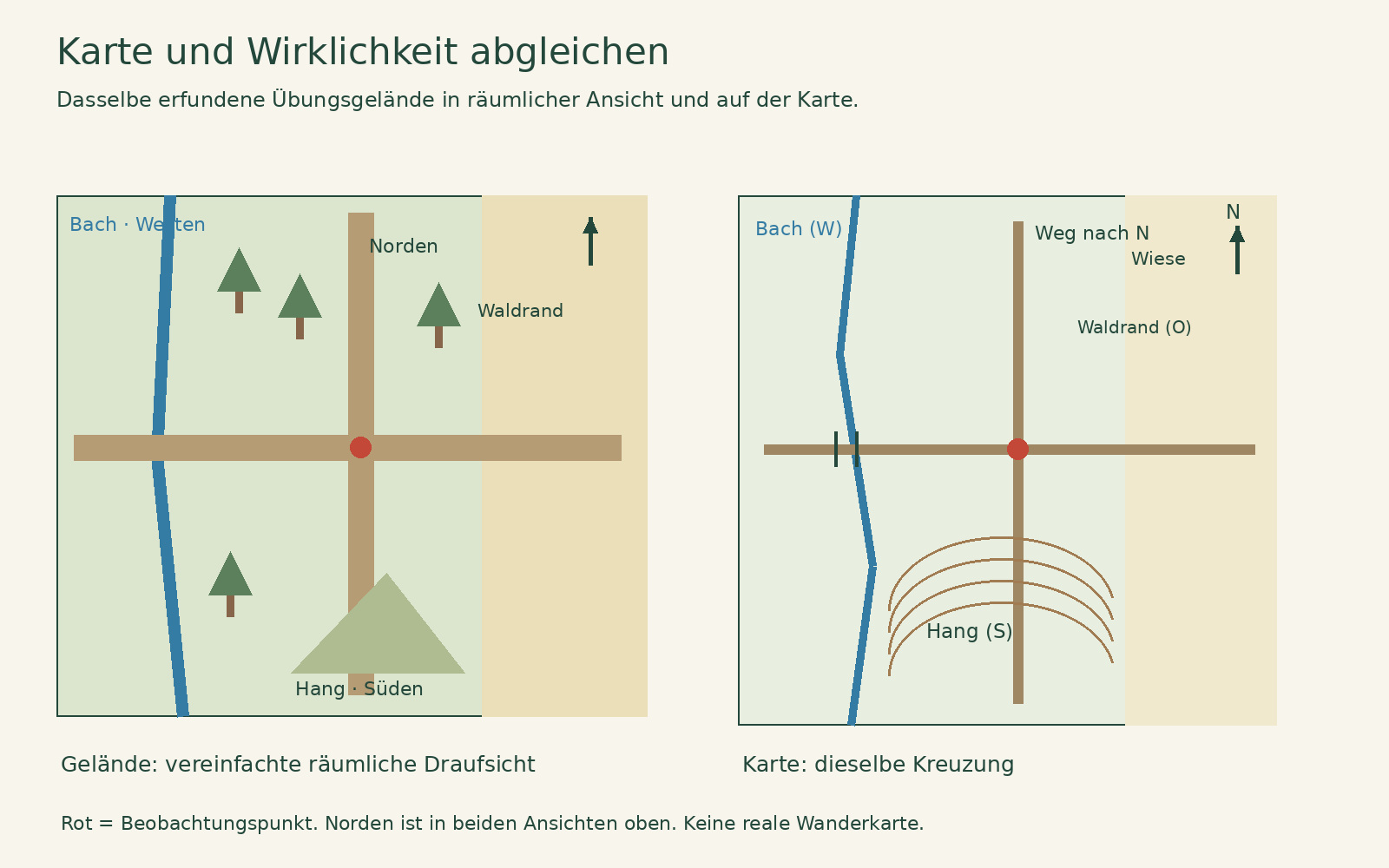 Räumliche Draufsicht und Karte derselben Kreuzung mit Bach im Westen, Waldrand im Osten und Hang im Süden; Norden liegt jeweils oben.