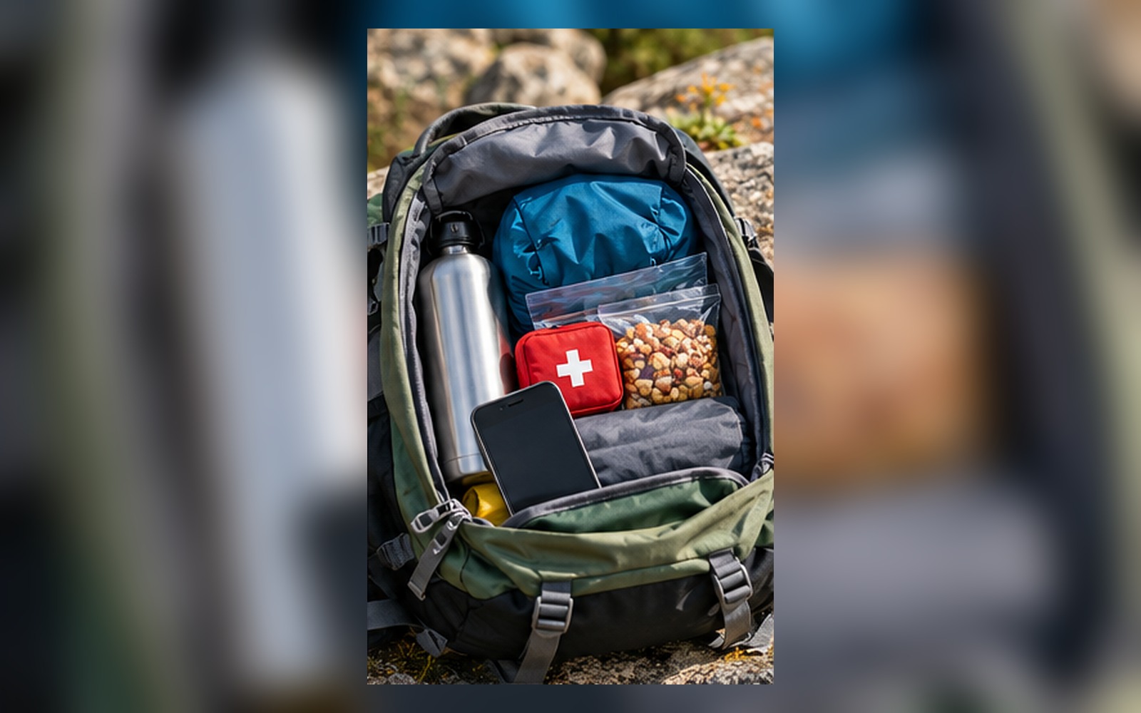 Geöffneter Tagesrucksack mit einfacher Grundausstattung für eine Tageswanderung