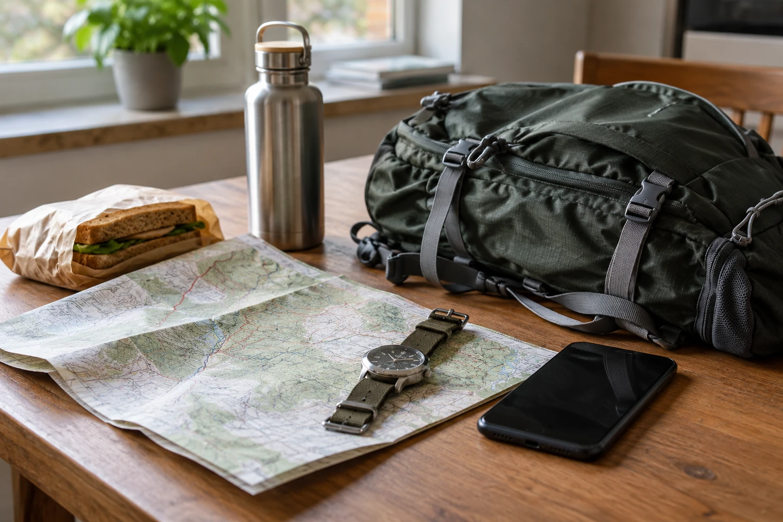 Karte, Armbanduhr, Smartphone, Trinkflasche und Brotzeit neben einem Tagesrucksack