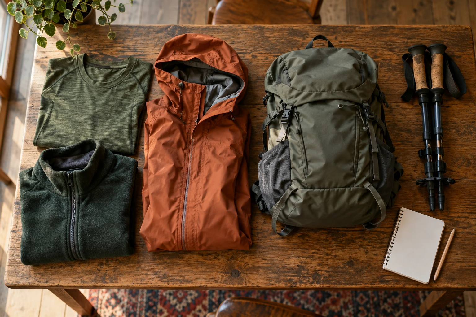 Sportshirt, Fleece, Regenjacke, Rucksack und Trekkingstöcke liegen auf einem Holztisch