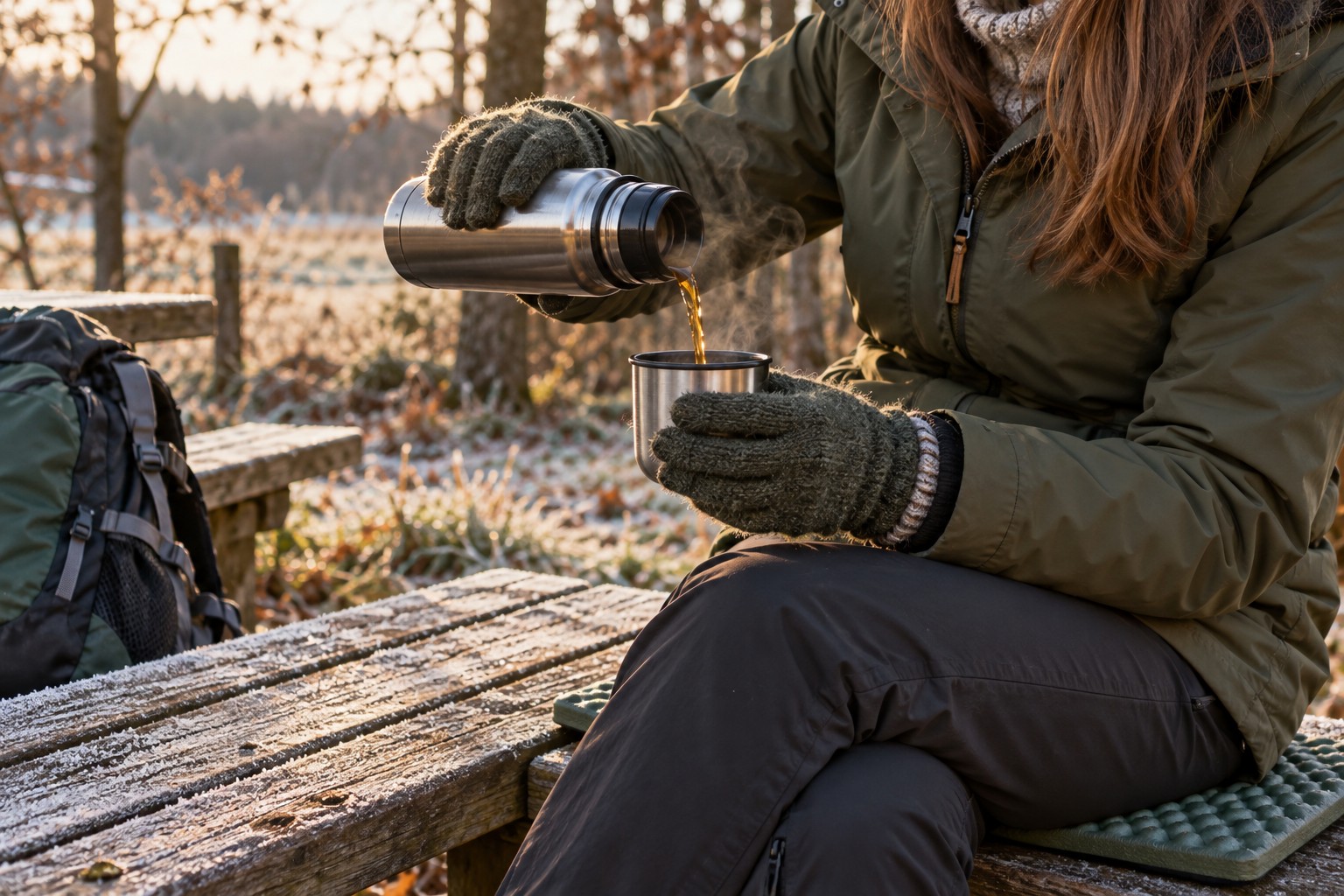Wanderin mit Handschuhen gießt bei einer Pause auf einer Holzbank Tee aus einer Thermoskanne in einen Becher