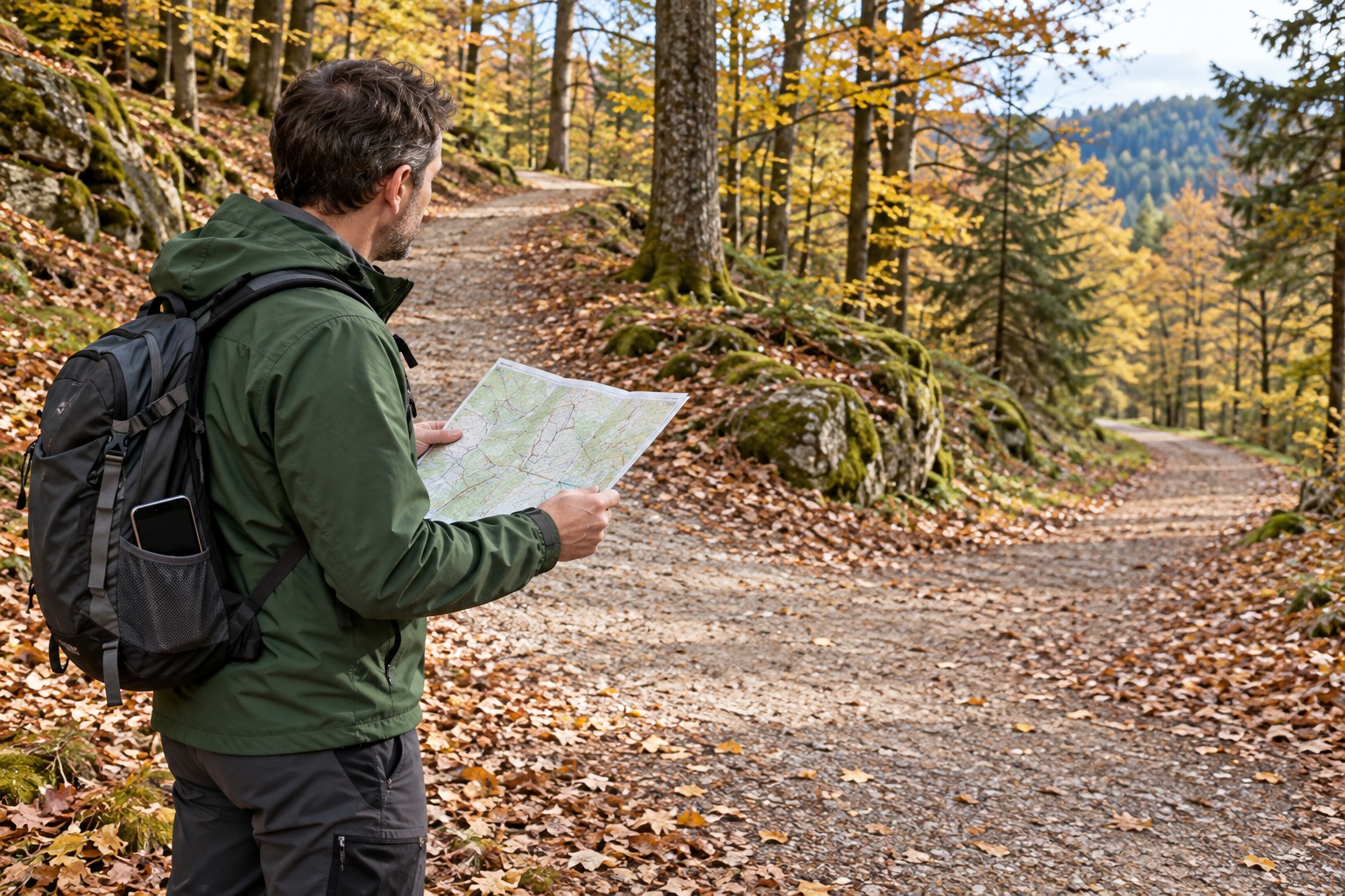 Wanderer liest an einer übersichtlichen Waldwegkreuzung seine Papierkarte; sein Smartphone steckt unbenutzt in der Rucksacktasche.