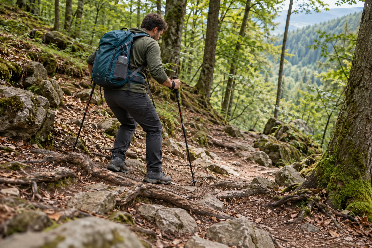 Wanderer steigt auf einem steinigen Waldweg im Mittelgebirge vorsichtig mit zwei Trekkingstöcken ab