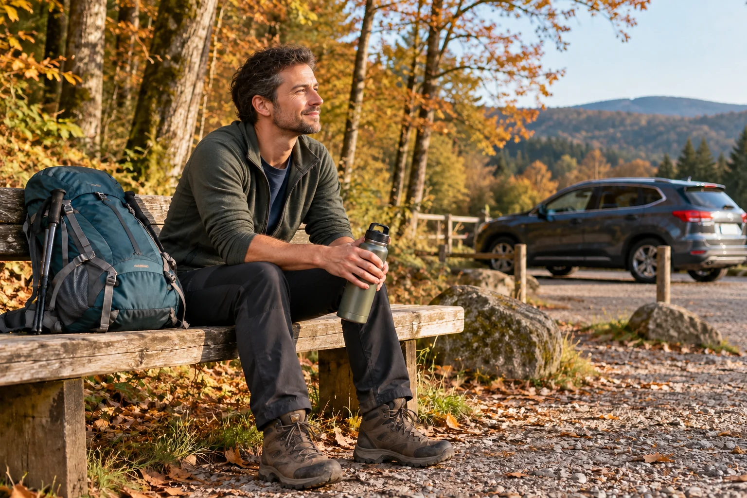 Wanderer ruht nach einer Tour am Parkplatz auf einer Bank, sein Auto steht im Hintergrund
