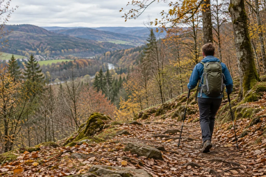 Wanderer beim Abstieg im Herbstwald