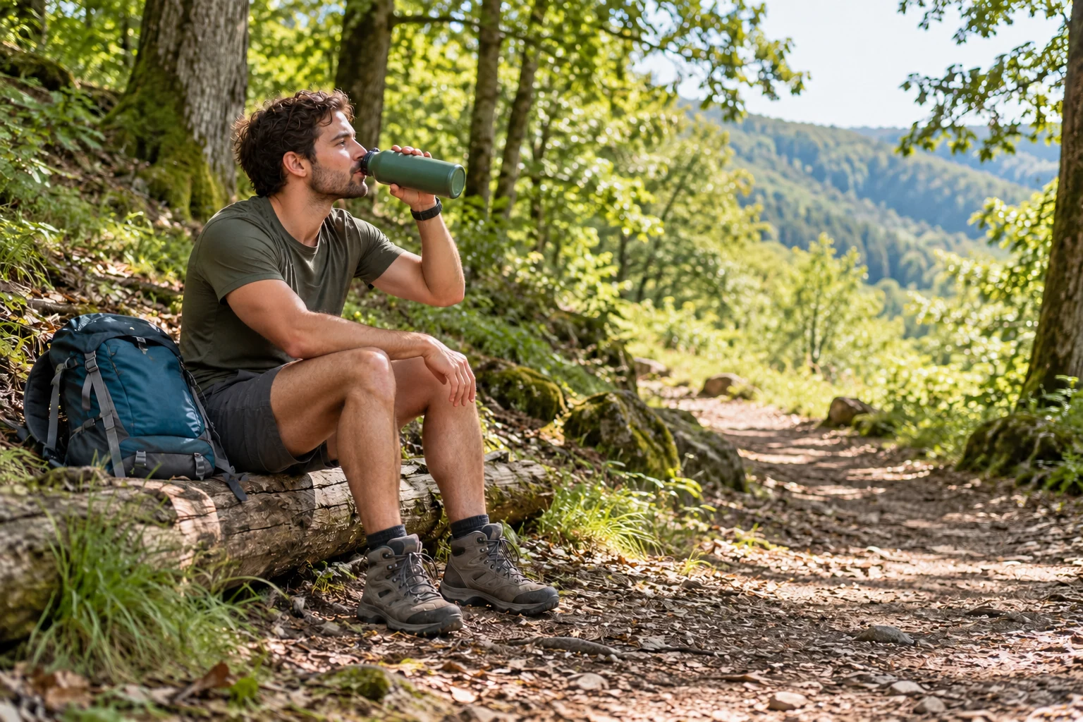 Wanderer macht an einem warmen Tag eine Pause im Wald und trinkt aus einer Wasserflasche