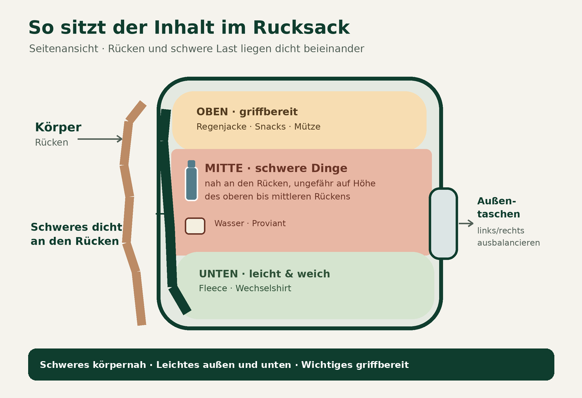 Packzonen im Wanderrucksack: schwere Gegenstände liegen mittig und nah am Rücken, leichte Sachen unten, Regenjacke und Snacks oben griffbereit