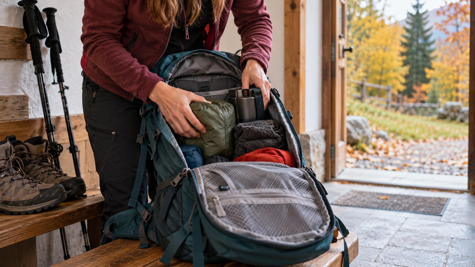 Wanderin packt vor einer Herbstwanderung Kleidung und Trinkflasche in ihren Rucksack