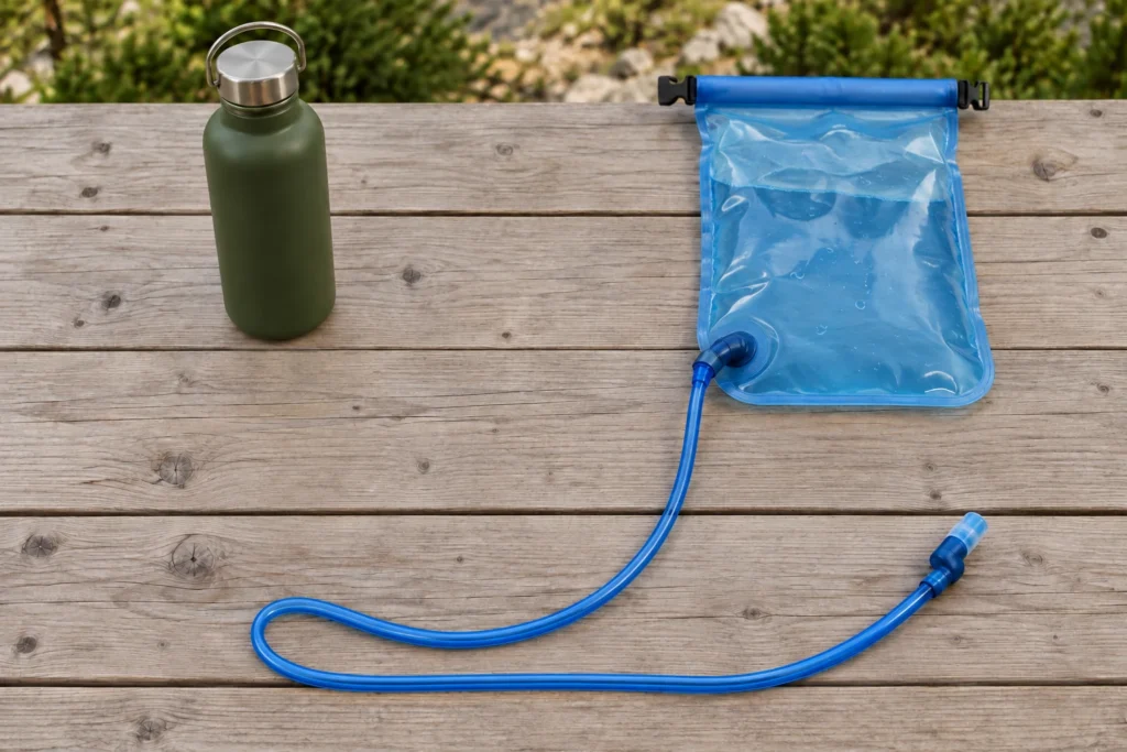 Trinkflasche und Trinkblase mit langem Trinkschlauch auf einem Holztisch